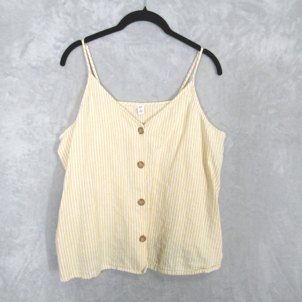 BP Cami Tank Top Plus 1X Women Yellow White Striped Linen Blend Button Front